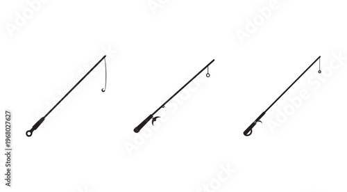 Three fishing rods with different handles and hooks for recreational fishing activities  various types of fishing gear
