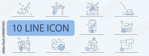 Cleaning service set icon. Broom table spray vacuum smartphone glove bucket sponge detergent washing housekeeping hygiene equipment tools routine work.
