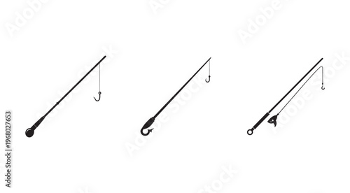 Three fishing rods with hooks on transparent background for hobbies and leisure activities  fishing gear  rods  hooks