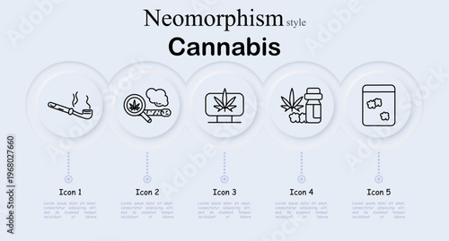 Cannabis set icon. Neomorphism style interface with smoking pipe with vapor lines, magnifier over cannabis joint with smoke cloud, monitor with leaf, bottle with leaves, jar with buds