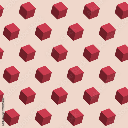 Red color isometric cubes vector seamless pattern. Color vector illustration. Decorative abstract style with regularly repeating color cubes. Flat design vector seamless background.