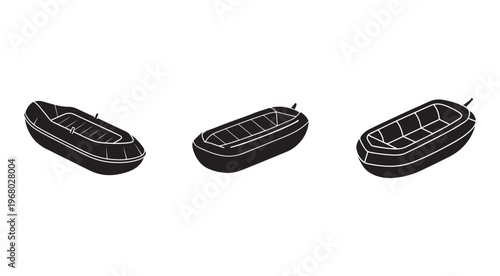 Three inflatable boats in different positions on white background for design and illustration purposes  rubber dinghy  small vessel