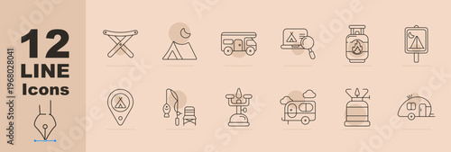 Camping and caravan travel line icons set with folding stool, night tent, camper van, campsite search, gas cylinder, camping sign, location pin, fishing chair, portable stove, caravan trailer