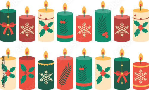 Christmas Candles Decorated with Holly, Snowflakes, Pine Needles and Bows