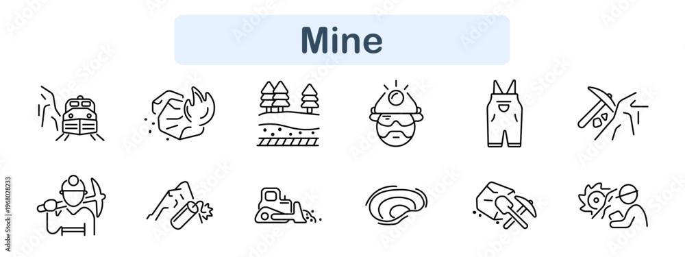 Fototapeta premium Mine set icon. Train, fire rock, landscape, miner, overalls, pickaxe, worker, drilling, bulldozer, tunnel, cart, saw, industry, excavation, quarry, resource extraction.