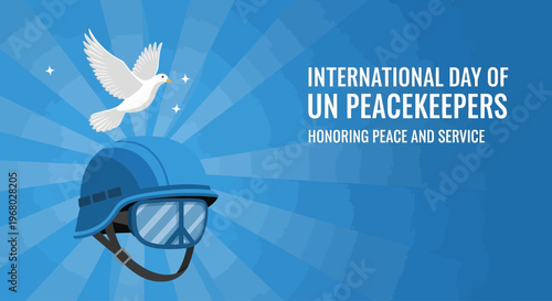 Blue UN Helmet with Dove and Sunburst Background