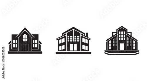 Three modern house designs with large windows and gabled roofs  simple black and white residential architecture icons