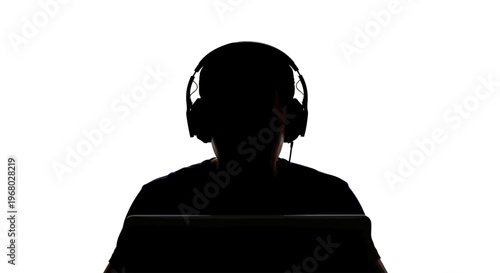 Silhouette of person wearing headphones and using laptop vector illustration