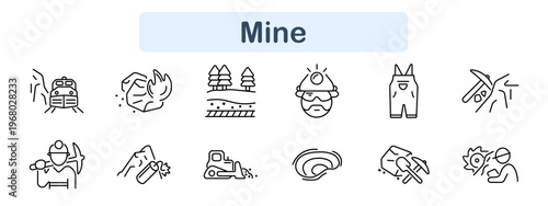 Mine set icon. Train, fire rock, landscape, miner, overalls, pickaxe, worker, drilling, bulldozer, tunnel, cart, saw, industry, excavation, quarry, resource extraction.
