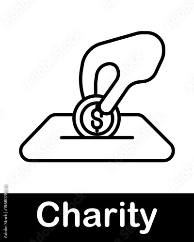 Hand putting coin into donation box line icon representing charity funding, contribution and support concept