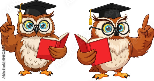 Wise owl professor cartoon character set, intelligent bird wearing graduation cap and glasses holding red book, academic mascot vector illustration