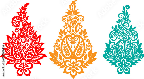 Traditional paisley vector motifs, set of 3 ornamental floral teardrop designs, red orange and teal indian ethnic embroidery patterns for textile design