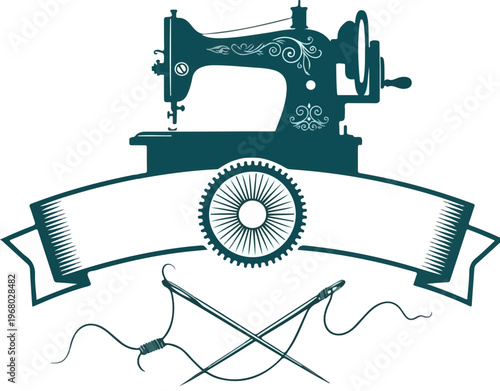 Vintage sewing machine logo with ribbon banner, antique tailor shop emblem, retro dressmaker vector illustration with needles and thread