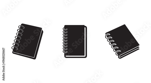Three spiral bound notebooks in different angles and positions on a white background for organization and education concepts