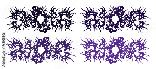 Gothic metal typography set, dark aesthetic deathcore font graphics, black and purple grunge lettering for streetwear design, 4 vector elements