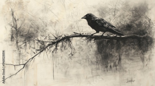 Silhouette crow perched on branch, forest backdrop, artistic grayscale drawing