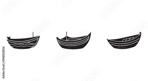 Three traditional black boats with white lines on white background  boat design elements