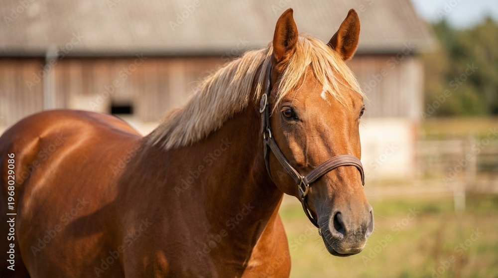 Fototapeta premium Portrait of a beautiful chestnut horse with light mane standing against farm background. High-quality equine photography for equestrian sport, ranch lifestyle, and animal breeding.