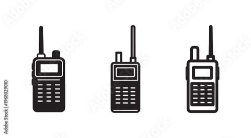 Three walkie talkies with antennas and keypads for communication and navigation  simple black and white illustrations of handheld radios