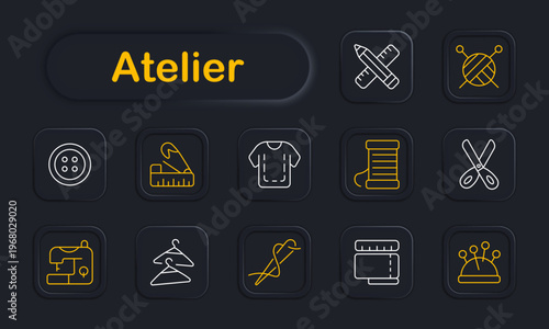 Atelier set icon. Button, measuring ruler, t shirt, thread spool, scissors, sewing machine, hanger, needle thread, fabric roll, pin cushion symbols in outline neon style.