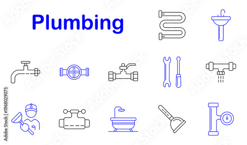 Plumbing set icon. Pipe, valve, sink, wrench, tap, shower, plunger, plumber, system, water, repair, maintenance, bathroom, equipment, service, sanitation, flow, installation, tool, house