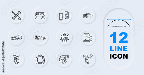 Motorsport racing set icon. Line symbols with tools pitstop cars speed turbo exhaust racecar timer fuel medal jacket turbine winner inside circular neumorphism buttons layout.
