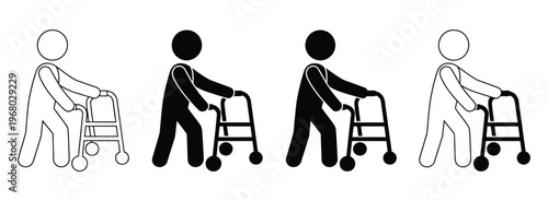 Icons of person using a walker for mobility assistance, black and white vector illustration, senior support and disability aid symbols, rehabilitation concept, clean design elements for healthcare, ac