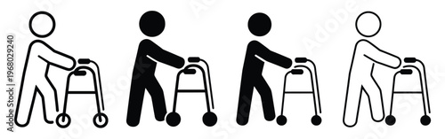 Icons of person using a walker for mobility assistance, black and white color vector design illustration, disability support symbols, elderly care icons, rehabilitation and healthcare concept, accessi