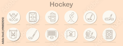 Hockey set icon. Line symbols depict crossed sticks, rink field, glove gear, skating player, stick with puck, puck strike, team banner, hockey stick, goal net, team flag, helmet gear