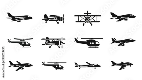 Collection of Aircraft Icons: Jets, Helicopters, Biplanes, Airplanes
