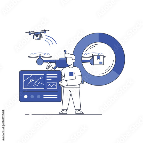 Man operating drone technology for logistics and data analysis.