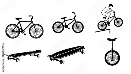 Collection of extreme sports equipment: bicycles, skateboards, unicycle, BMX rider
