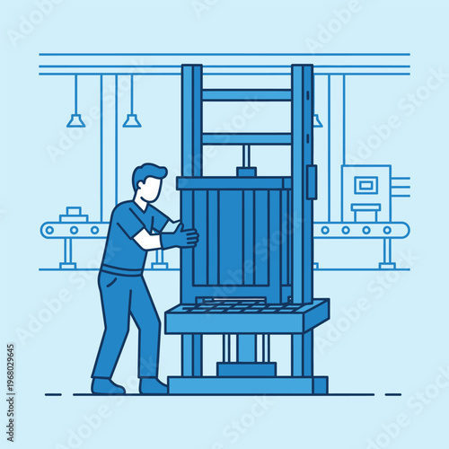 Man operating industrial press machine in factory setting.