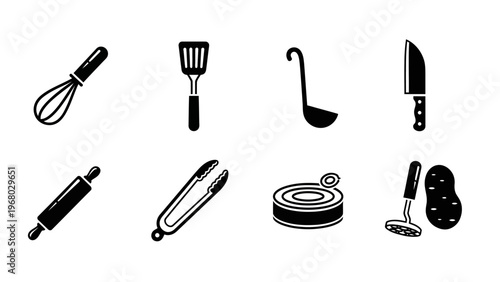 Collection of Kitchen Utensils Icons: Whisk, Spatula, Ladle, Knife, Rolling Pin, Tongs, Can, Masher