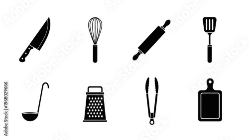 Collection of Kitchen Utensils Icons: Knife, Whisk, Rolling Pin, Spatula, Ladle, Grater, Tongs, Cutting Board