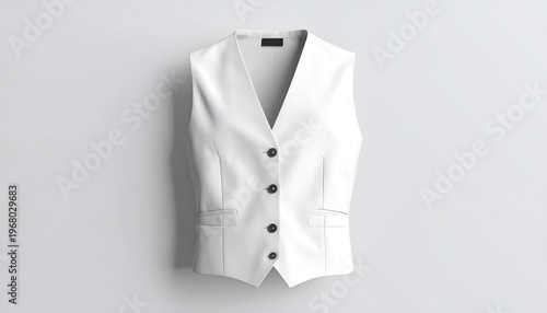 A white, tailored vest with button closure, hanging against a plain gray backdrop