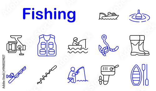 Fishing activity set icon. Line style icons display boat vessel, float buoy, reel device, vest gear, fisherman boat, hook worm, rubber boots, rod equipment, auger drill, seated fishing