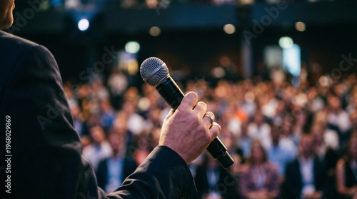 Businessman holding a microphone while speaking to a large audience at a corporate event. Close-up of hand with wedding ring during a professional conference or seminar presentation.