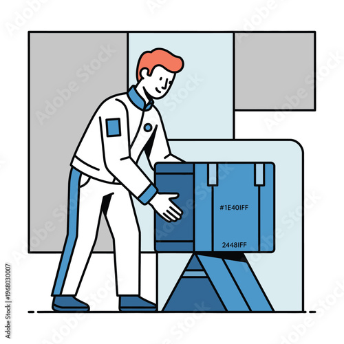 Man lifting a large blue box onto a stand.