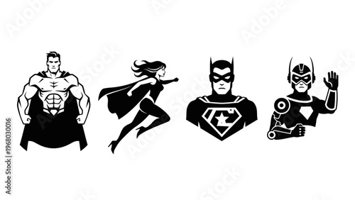Diverse Superhero Team Silhouette: Male & Female Heroes, Robot, and Masked Vigilante