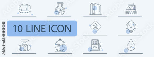 Oil transport storage set icon. Tank rail container laboratory tank ship warning gauge valve gas station drop fuel system industrial logistics equipment.