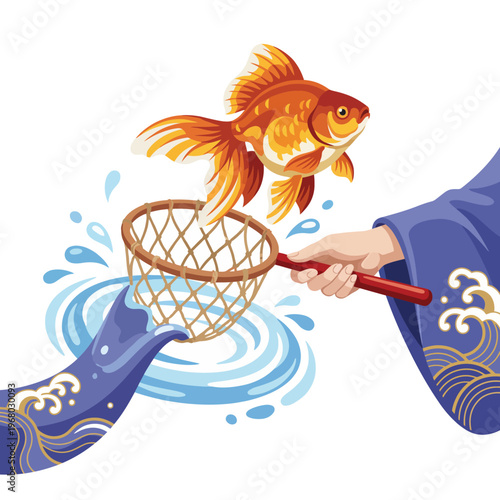 A person reaches out with a net to catch a golden fish, highlighting moments of patience and joy in fishing, representing both adventure and connection with nature.