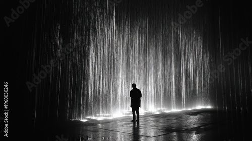 Silhouette figure in rain-like light installation