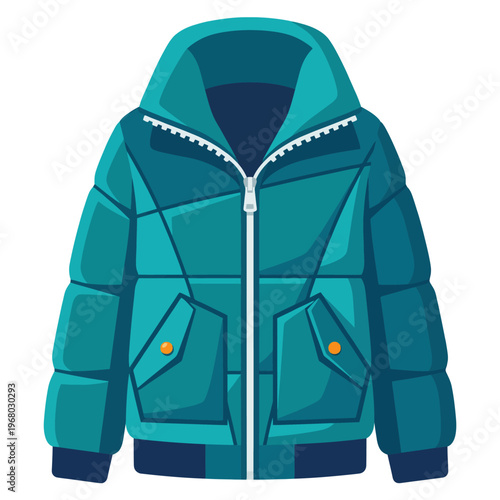 A trendy teal puffer jacket rendered in a sleek style, showcasing a zippered front and large pockets, ideal for modern winter fashion branding and apparel design.