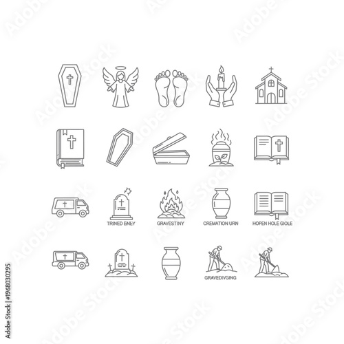 Funeral and Mourning Icon Set: Coffin, Angel, Church, and Candle vector illustration