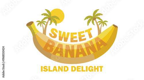 An inviting image featuring a sweet banana alongside tropical palm trees and a shining sun, representing relaxation and the joy of island life, perfect for summer themes.