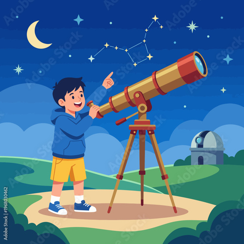 The illustration depicts a joyful child using a telescope to stargaze under a starry night sky, capturing the wonder of discovery and exploration.