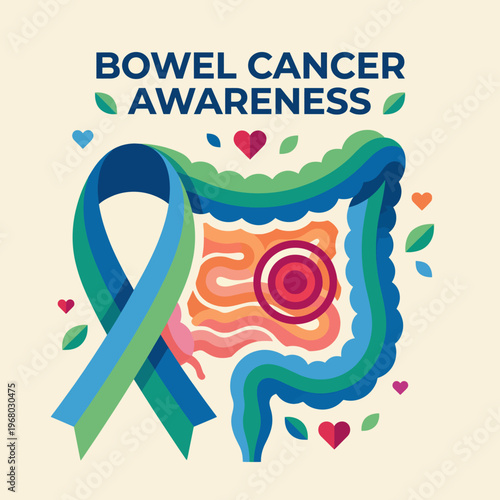 A colorful representation of bowel cancer awareness featuring a stylized ribbon intertwined with a graphic of the intestines, symbolizing health and community support.
