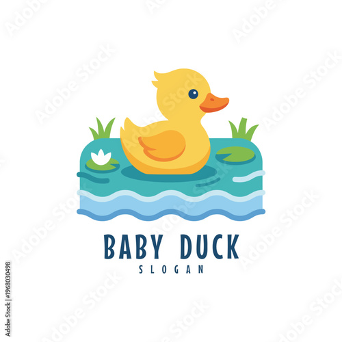A charming and adorable illustration of a baby duck swimming on calm blue water, surrounded by greenery, evoking feelings of innocence, joy, and childhood wonder.
