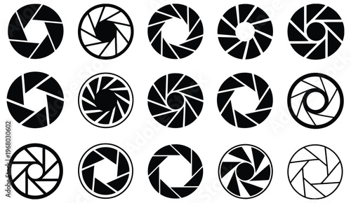 Photo camera lens diaphragm, camera shutter icon set, diaphragm and photography symbols, modern flat vector illustration collection for photo apps, media projects, websites, and creative design use.